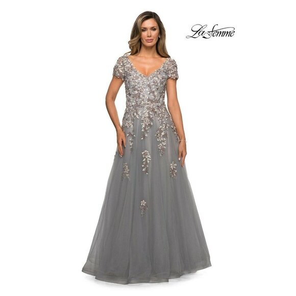 La Femme Gray Embroidered & Beaded Ballgown Floral Chiffon Dress - Picture 1 of 8